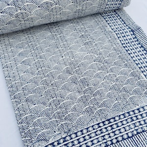 Indian Navy Blue Cotton Kantha Quilt, Hand Block Print Blanket, Lightweight Handmade Bedspread, Traditional Boho Bedding