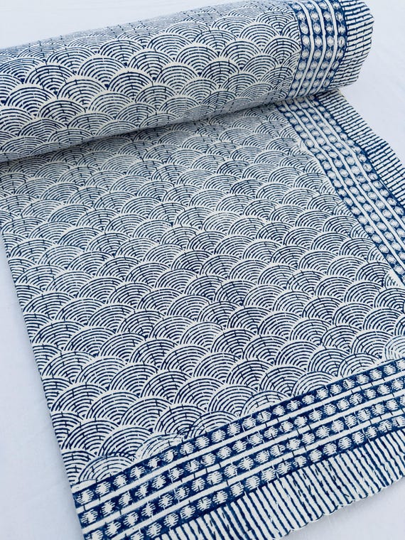 Indian Navy Blue Cotton Kantha Quilt, Hand Block Print Blanket, Lightweight Handmade Bedspread, Traditional Boho Bedding