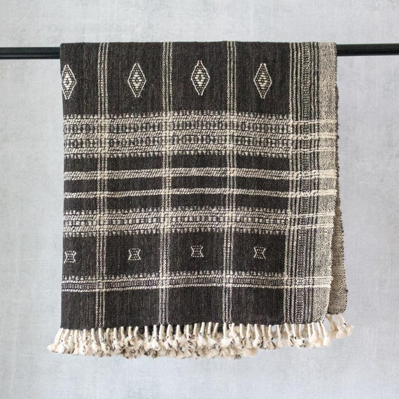 Handmade Bhujodi Wool Throw Blanket | Indian Wool Throw for Sofa or Bed | Cozy Vintage Handwoven Accent for Cottage or Rustic Home Decor