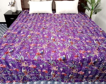HandBlock Print Bedding Floral Kantha Quilt Handmade Cotton Kantha Quilt Block Print Light Weight Full Size Bedding Bedspread