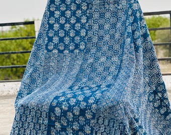 Floral Ajrakh Print Kantha Quilt Queen Size Handcrafted Cotton Throw for Cozy Bedspread with Vintage Charm - Perfect for Boho Bedroom Decor