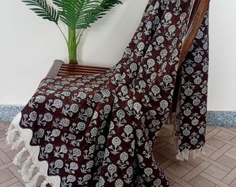 Organic Cotton Hand Block Print Throw Blanket with Tassels – Boho Living Room Décor