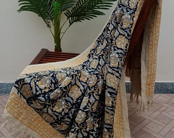 Handwoven Organic Cotton Throw Blanket – Handblock Print Boho Tassels, Cozy Bedroom Accent