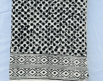 Hand Block Printed Cotton Throw Blanket – Black and White Sofa Throw with Tassels, Boho Farmhouse Bedspread, Indian Handmade Decor