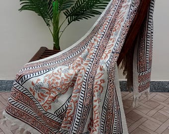 Handmade Floral Throw blanket Hand Block Printed Throw Cotton Throw Blanket Couch Sofa/Bed Throw for Decor and Bedroom Housewarming Gift.