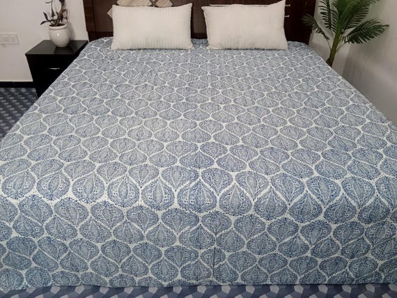 HandBlock Print Bedding Floral Kantha Quilt Handmade Cotton Kantha Quilt Block Print Light Weight Full Size Bedding Bedspread