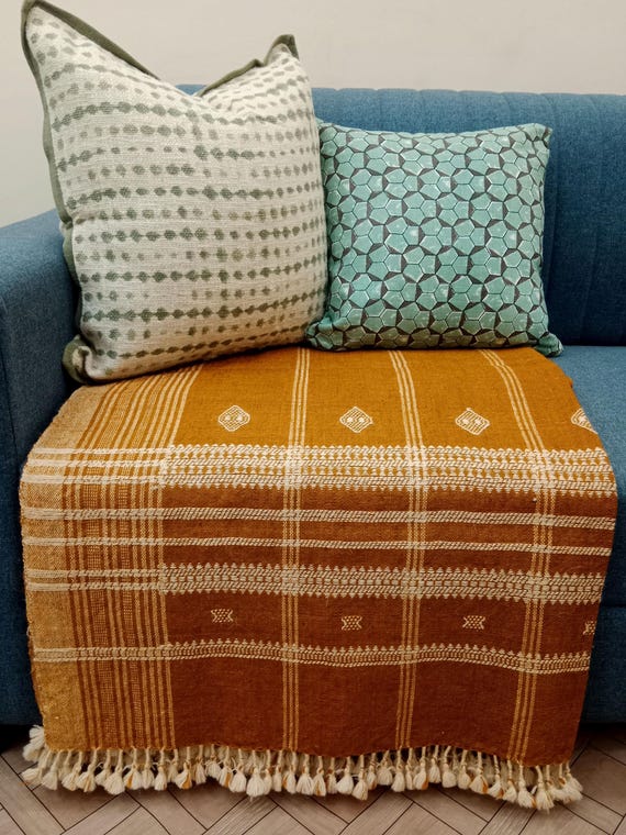 Indian Handmade Heavy Work Wool Throw Blanket | Bhujodi Blanket | Wool Blanket in Handwoven Wool Throw Blanket Cottage Living Room Décor