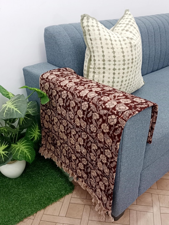 Boho Cotton Throw Blanket – Handwoven with Tassels, Intricate Handblock Print & Vibrant Bohemian Design for Cozy Living Room, Couch