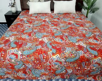 HandBlock Print Bedding Floral Kantha Quilt Handmade Cotton Kantha Quilt Block Print Light Weight Full Size Bedding Bedspread