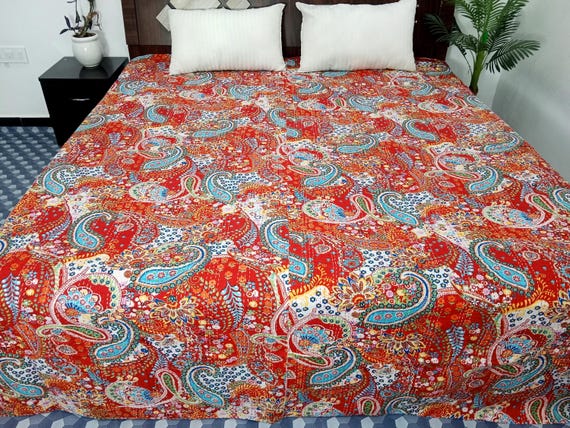 HandBlock Print Bedding Floral Kantha Quilt Handmade Cotton Kantha Quilt Block Print Light Weight Full Size Bedding Bedspread