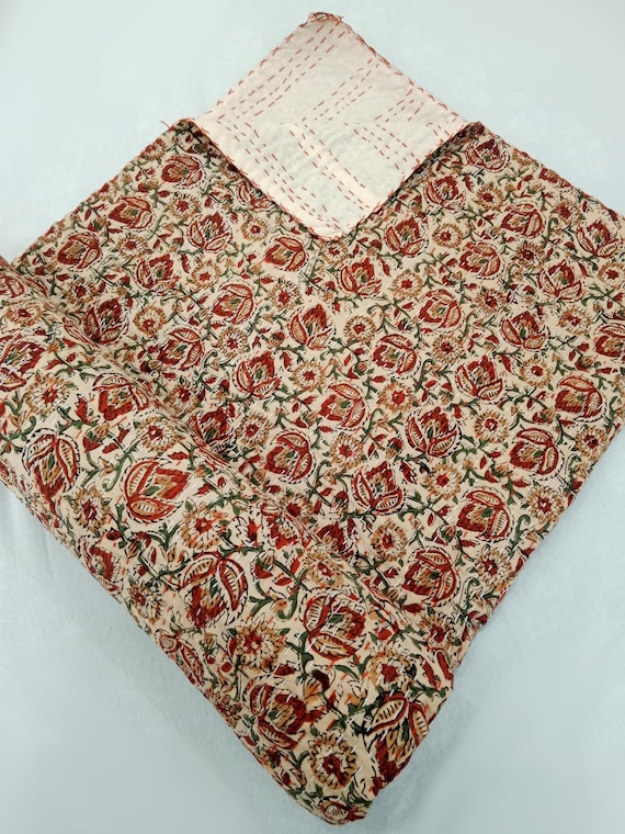 Floral Print Floral Kantha Quilt Handmade Cotton Kantha Quilt HandBlock Print Bedding Bedspreads Block Print Light Weight Full Size quilt