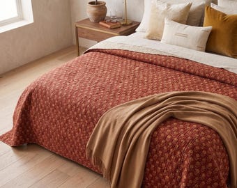 Floral Kantha Quilt: HandBlock Print Cotton Bedspread