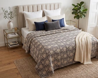 Hand Block Print Kantha Quilt Bedding, Handcrafted Cotton Bedspread with Floral Hand Stitch Work, Boho Chic Ethnic Home Decor