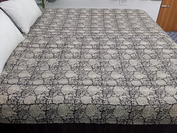 HandBlock Print Kantha Quilt Bedding Floral Handcrafted Cotton Bedspread Handmade Cotton Kantha Quilt Full Size Bedding Bedspread