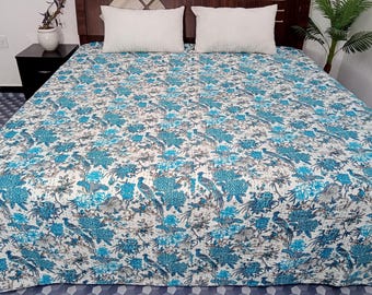 HandBlock Print Bedding Floral Kantha Quilt Handmade Cotton Kantha Quilt Block Print Light Weight Full Size Bedding Bedspread
