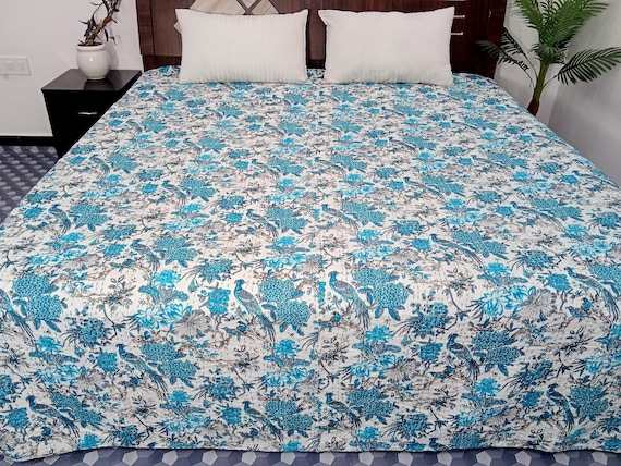 HandBlock Print Bedding Floral Kantha Quilt Handmade Cotton Kantha Quilt Block Print Light Weight Full Size Bedding Bedspread