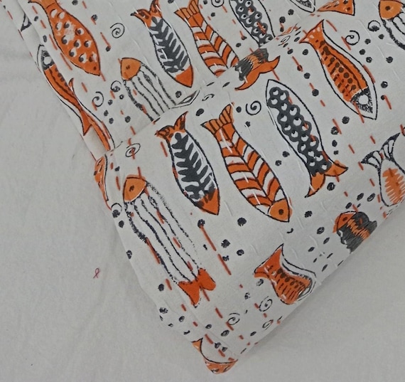 Fish Print Kantha Quilt - Indian Block Print Bedding in King Size - Cozy Throw Blanket Bedroom Makeover kantha quilt fish handmade Quilting
