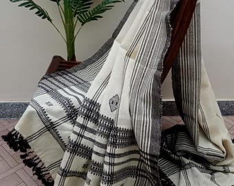 Artisan off white  and dark Brown Handwoven Bhujodi Wool Throw Blanket | Indian Wool Bed Throw for Living Room or Bedroom | Cozy, Natural