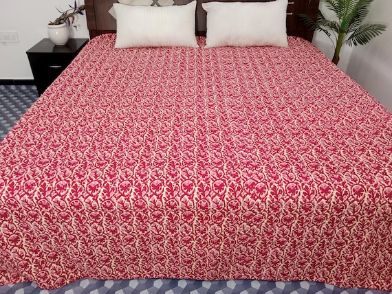 HandBlock Print Bedding Floral Kantha Quilt Handmade Cotton Kantha Quilt Block Print Light Weight Full Size Bedding Bedspread