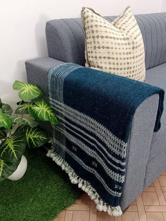 Indian Wool Throw for Sofa or Bed | Handmade Bhujodi Wool Throw Blanket | Cozy Vintage Handwoven Accent for Cottage or Rustic Home Decor