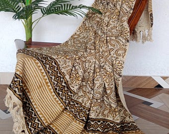 Mustard Beige Cotton Throw Blanket Handcrafted Floral Block Print Design Rustic Boho Bed or Sofa Throw with Tassel Fringe