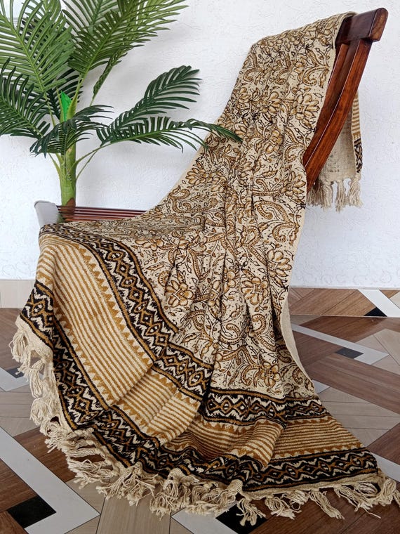 Mustard Beige Cotton Throw Blanket Handcrafted Floral Block Print Design Rustic Boho Bed or Sofa Throw with Tassel Fringe