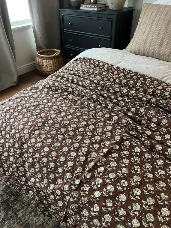 Brown Kantha Quilt Handmade Kantha Quilt - Indian Block Print Bedding Cozy Throw Blanket Ideal for Mother’s Day Gift or Bedroom Makeover