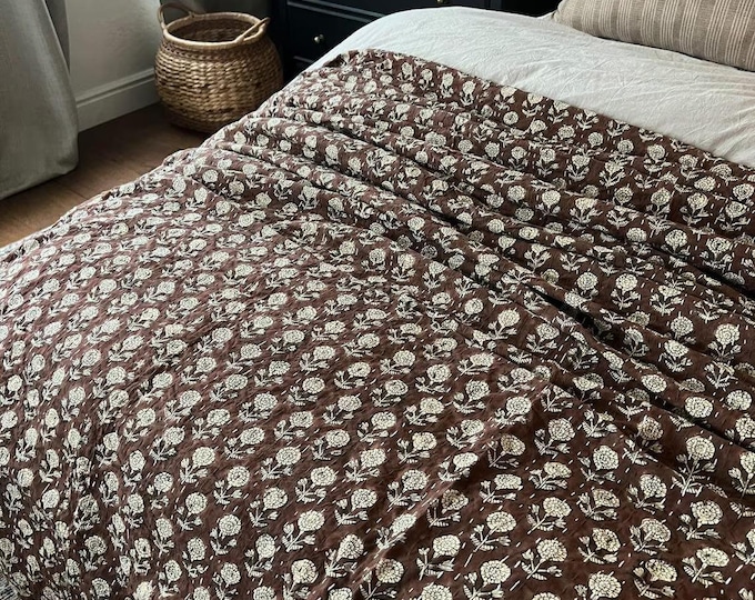 Featured listing image: Brown Kantha Quilt Handmade Kantha Quilt - Indian Block Print Bedding Cozy Throw Blanket Ideal for Mother’s Day Gift or Bedroom Makeover