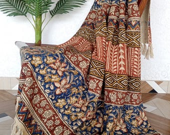 Organic Cotton Hand Block Print Throw Blanket, Boho Couch Decor, Reversible Quilt