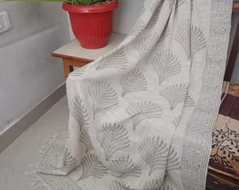 Handmade Floral Block Print Throw Blanket, Organic Cotton Sofa Decor