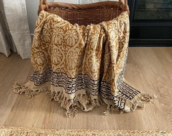 Handmade Throw Handblock Print Throw Cotton Throw Blanket Sofa Decor Room Decor Tassels Hand Loomed Block Print Cotton Sofa Throw.