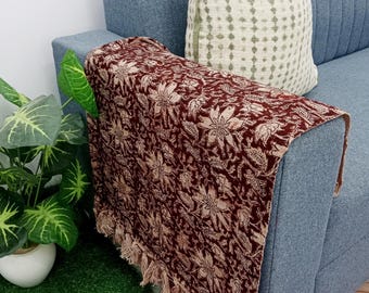 Organic Cotton Handwoven Throw Blanket – Handblock Print Tassels, Bohemian Couch Accent