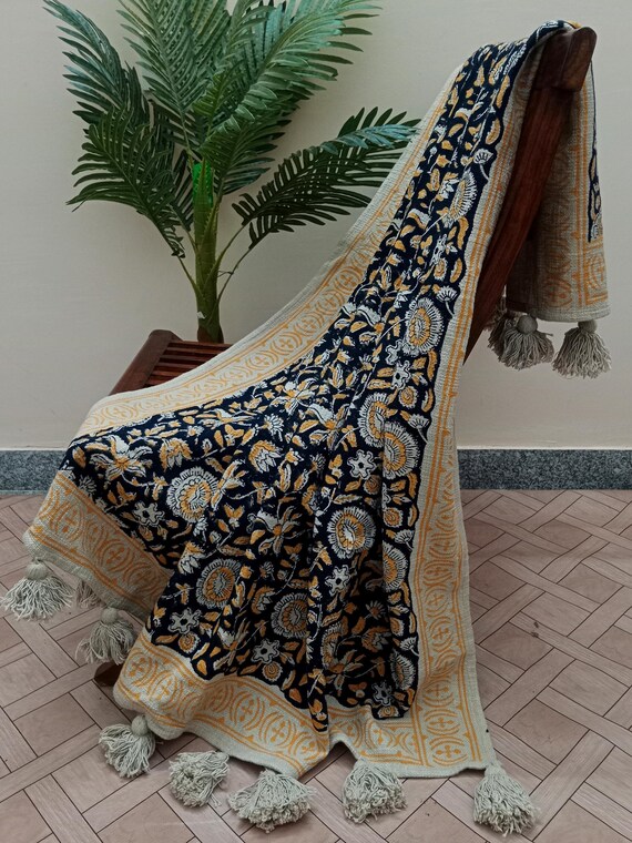 Bohemian Cotton Throw Handmade Blanket with Handblock Print, Boho Tassels & Vintage Design for Sofa, Couch Stylish Home Décor in Cozy Cotton
