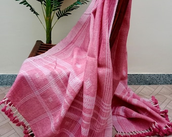Handmade Bhujodi Wool Throw Blanket | Indian Accent Decor with Pompoms