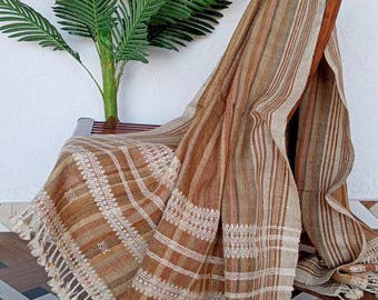 Handwoven Bhujodi Wool Throw: Slate Grey Striped Blanket with Pompoms