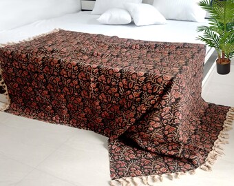 BOHO Floral Red-Black Throw BLANKET in Block print With Tassels Hand loomed Organic Cotton Sofa and Bed Throw Cozy  Decor Vintage Throw.