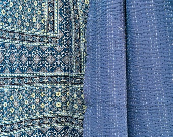 Ajrakh Print Floral Kantha Quilt Handmade Cotton Kantha Quilt HandBlock Print Bedding Bedspreads Block Print Light Weight Full Size Quilt