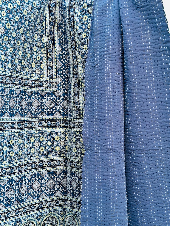 Ajrakh Print Floral Kantha Quilt Handmade Cotton Kantha Quilt HandBlock Print Bedding Bedspreads Block Print Light Weight Full Size Quilt