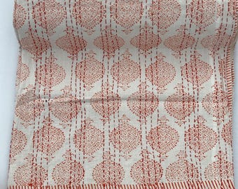 Hand Block Print Orange Floral Cotton Kantha Quilt, Traditional Indian Bedding, Lightweight Bedspread, Minimalist Boho Quilt