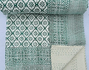 Green Floral Kantha Quilt, Hand-stitched Cotton Bedspread, Full Size