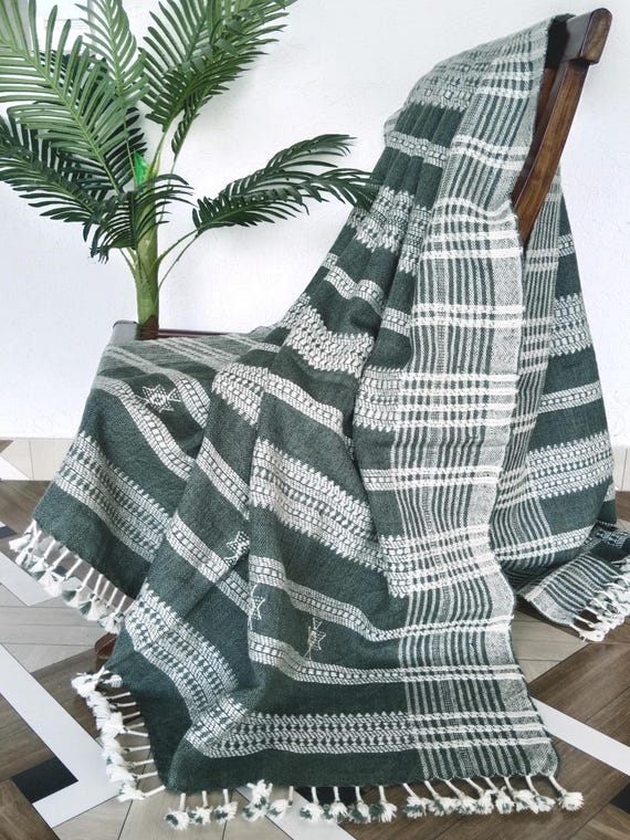 Handwoven Bhujodi Wool Throw Blanket: Indian Decor  Vintage Bohemian Style Winter Blanket for Sofa or Bed, Rustic Warm Handmade Decor Gift
