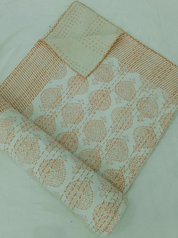 Floral Kantha Quilt Handmade Cotton Kantha Quilt HandBlock Print Bedding Block Print Light Weight Full Size Bedding Bedspread