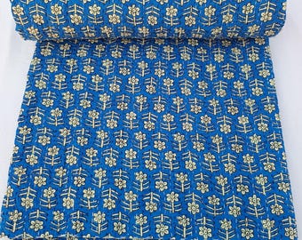 Luxury Mother's Day Gift: Blue Kantha Quilt, Floral Design Handblocked Print Quilted Bedding Bedspread, Cozy Throw Blanket For Home Decor