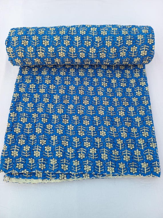 Luxury Mother's Day Gift: Blue Kantha Quilt, Floral Design Handblocked Print Quilted Bedding Bedspread, Cozy Throw Blanket For Home Decor