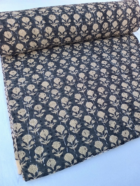 Charlie floral Black colour kantha quilt Handmade Kantha Quilt Unique Design Handmade Kantha Quilted Bedding Bedspread  Handblock Print