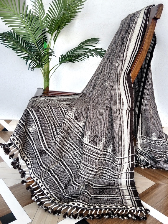 Handmade Bhujodi Wool Throw Blanket | Indian Wool Throw for Sofa or Bed | Cozy Vintage Handwoven Accent for Cottage or Rustic Home Decor