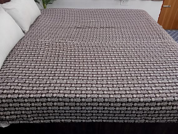 HandBlock Print Kantha Quilt Bedding Floral Handcrafted Cotton Bedspread Handmade Cotton Kantha Quilt Full Size Bedding Bedspread