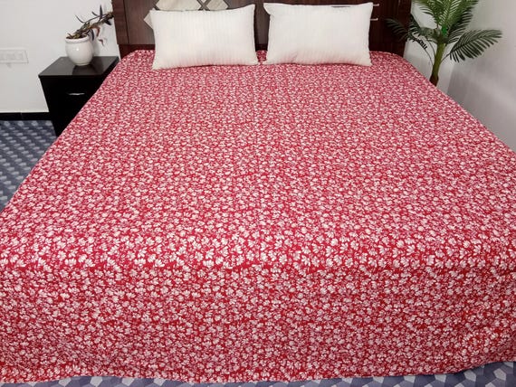 Premium Flowers Print Cotton Kantha Quilt Twin Size, Queen Size & King Size  Handmade kantha Quilt floral farmhouse king size cotton quilts