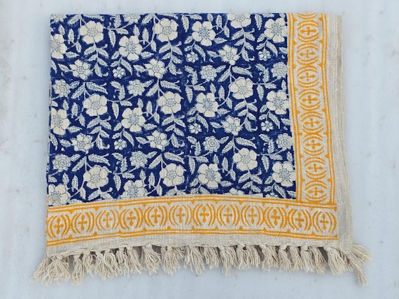 Vintage Inspired Throw Handmade Throw Floral Print Cotton Blanket Decorative with Tassels Hand Loomed early American bed throws