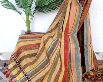 Handmade Bhujodi Wool Throw Blanket | Striped Indian Throw with Pompoms